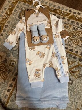 Baby Essentials Cream and Light Blue Teddy Bear 4-Piece Matching Set